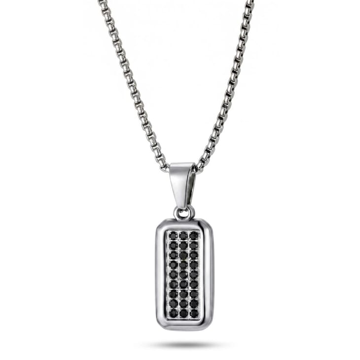 Men's Black Zircon Tag Necklace featuring a rectangular pendant with black zirconia, set in silver