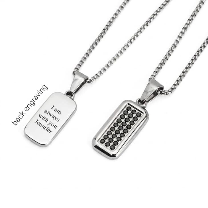 Men's Black Zircon Tag Necklace with engraved message on the back pendant