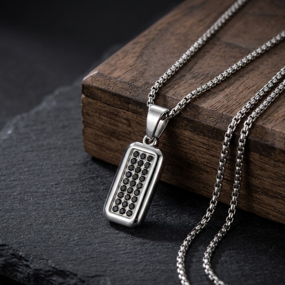 Men’s Black Zircon Tag Necklace