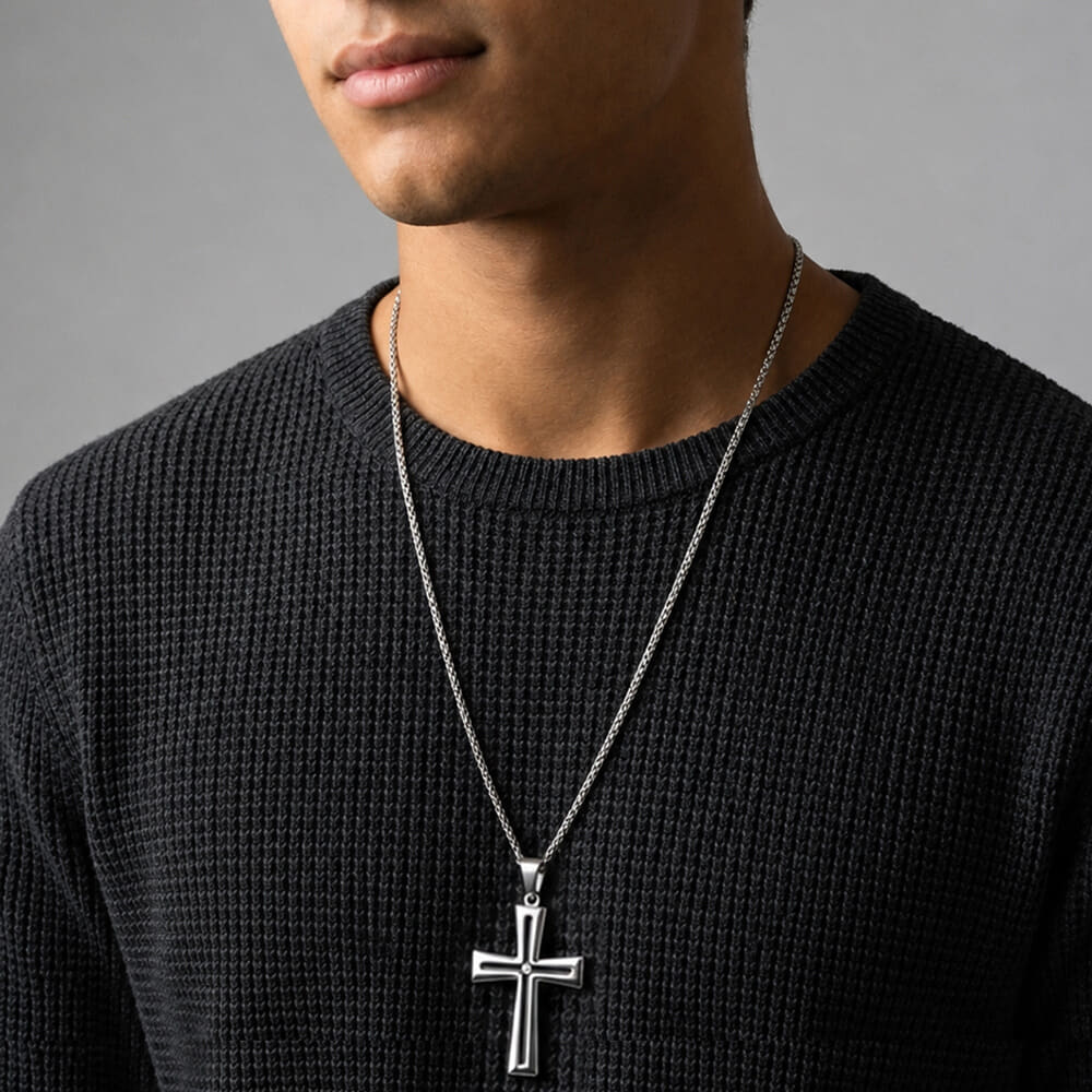 Model showcasing Men's Black Inlay Cross Necklace with a sleek black design