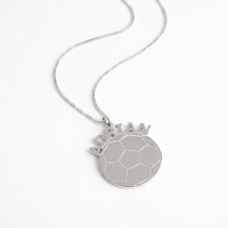 Personalized Soccer Ball Name Necklace crafted in silver with a hexagonal shape