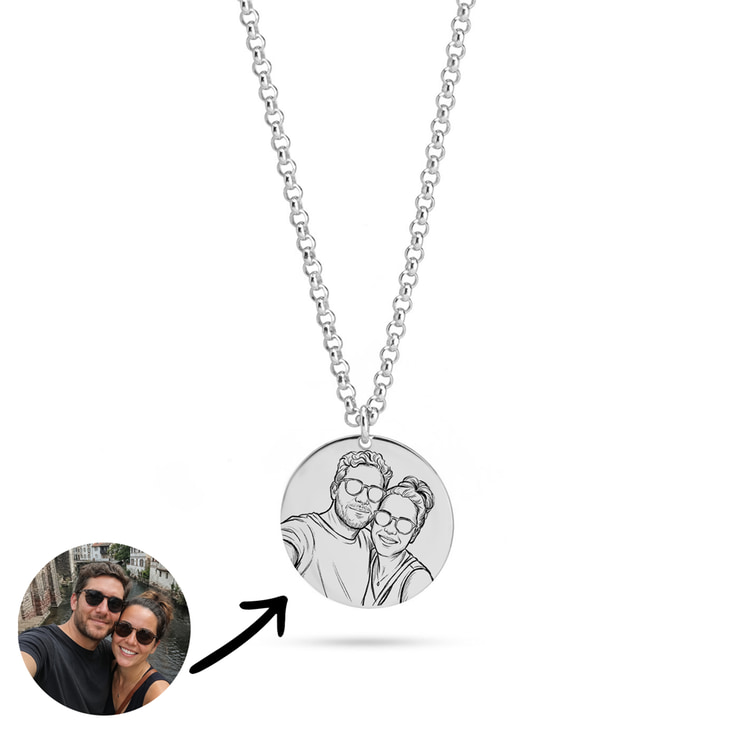 Personalized Photo Disc Necklace - Sketch Style