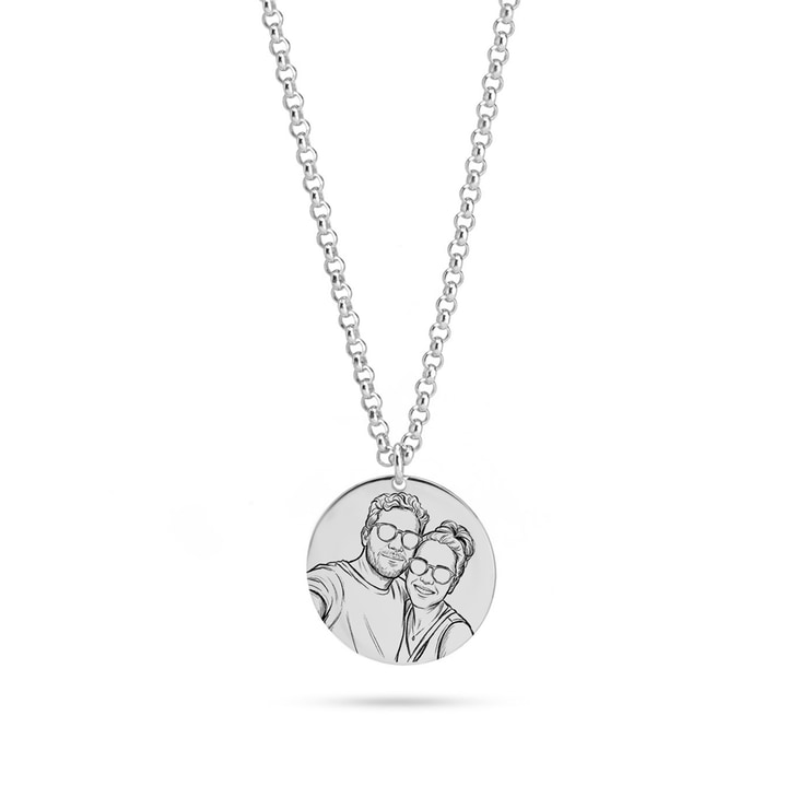 Personalized Photo Disc Necklace in silver featuring a couple's portrait