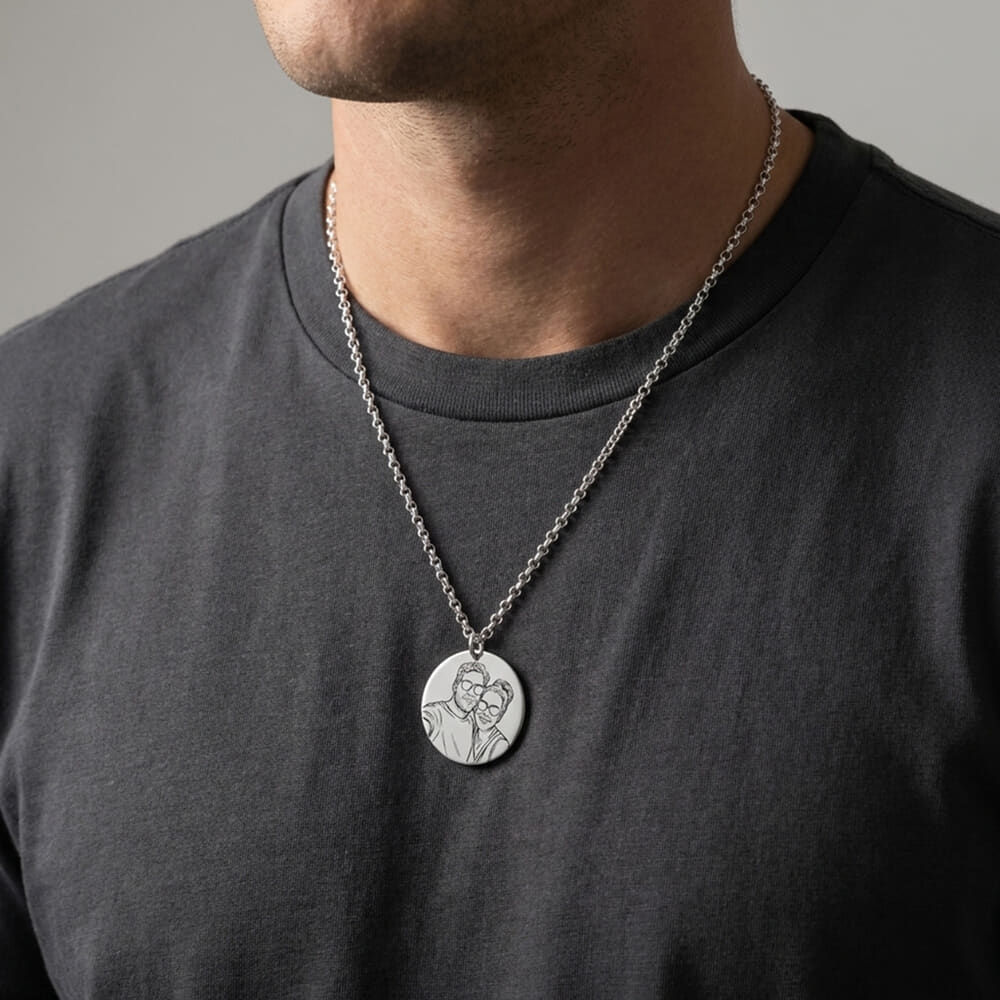 Model showcasing a Personalized Photo Disc Necklace with a couple's design