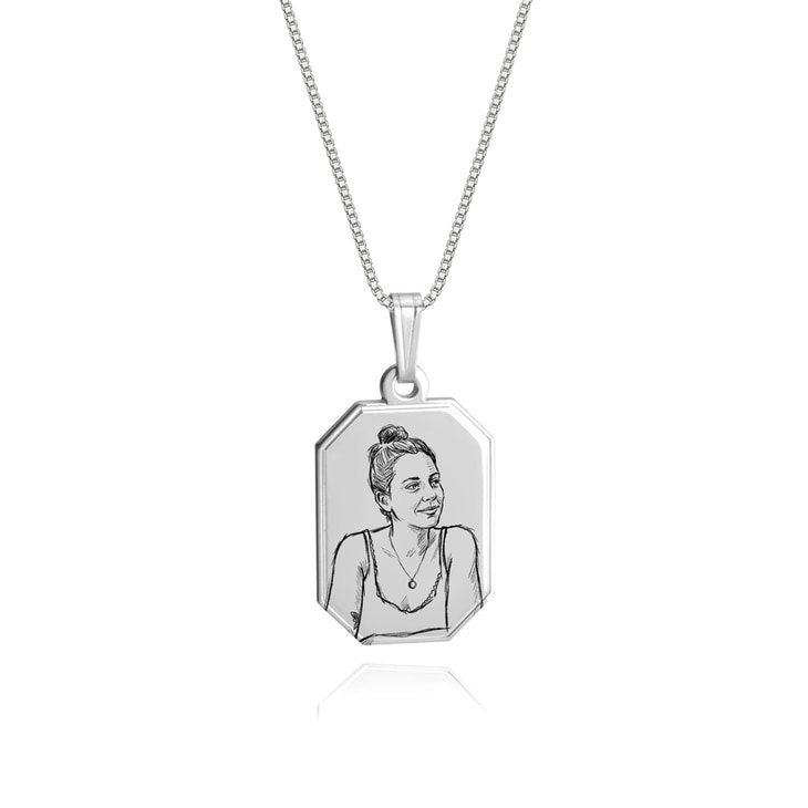 Personalized Photo Sketch Tag Necklace in silver, featuring a detailed portrait pendant