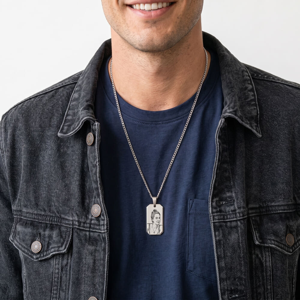 Model wearing Custom Photo Engraved Tag Necklace with a sketch-style portrait on a dog tag.