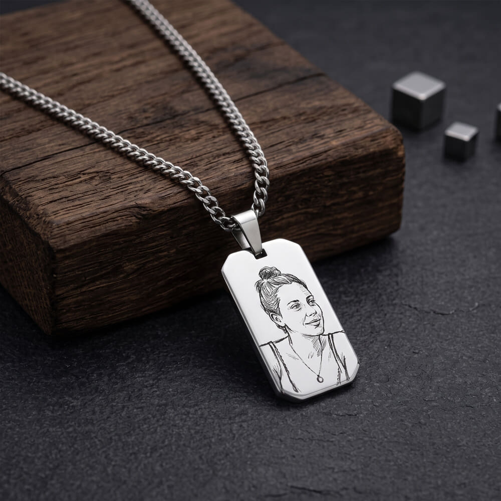 Model showcasing Custom Photo Engraved Tag Necklace with a sketch portrait on a polished pendant.