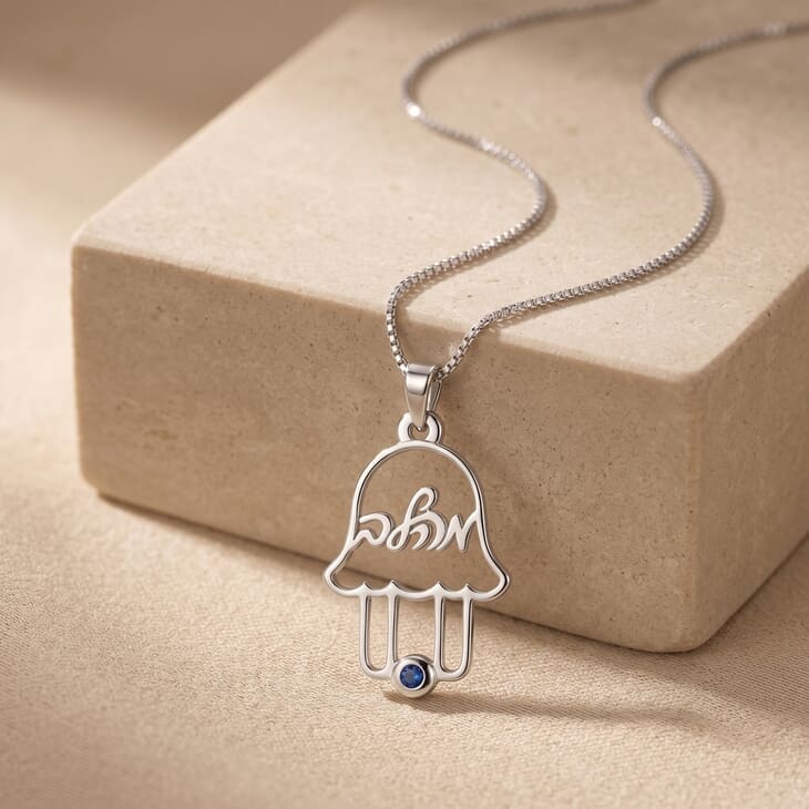 Sterling silver Hamsa necklace with blue birthstone and Hebrew engraving