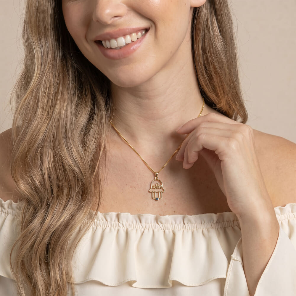 Personalized Hebrew Hamsa Necklace with Birthstone