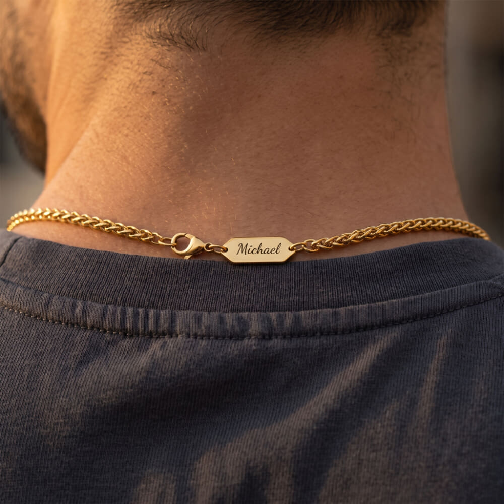 Collar Personalizado para Hombre con Placa Grabada y Cadena Wheat