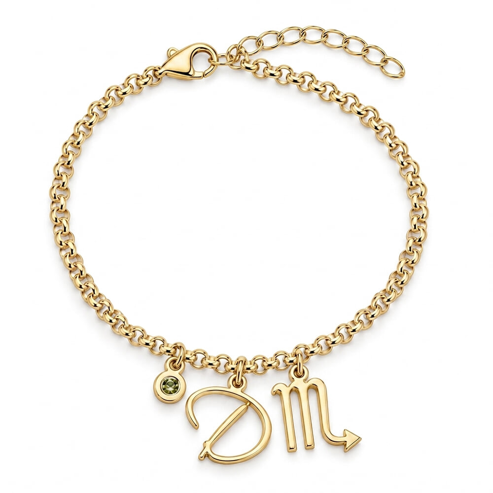 Custom Zodiac Charm Bracelet with Initial and Birthstone