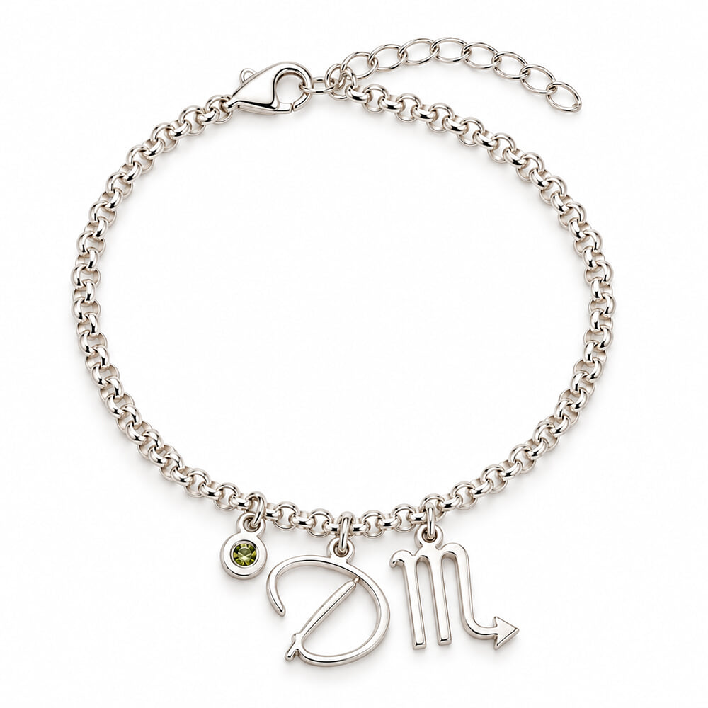 Custom Zodiac Charm Bracelet with Initial and Birthstone