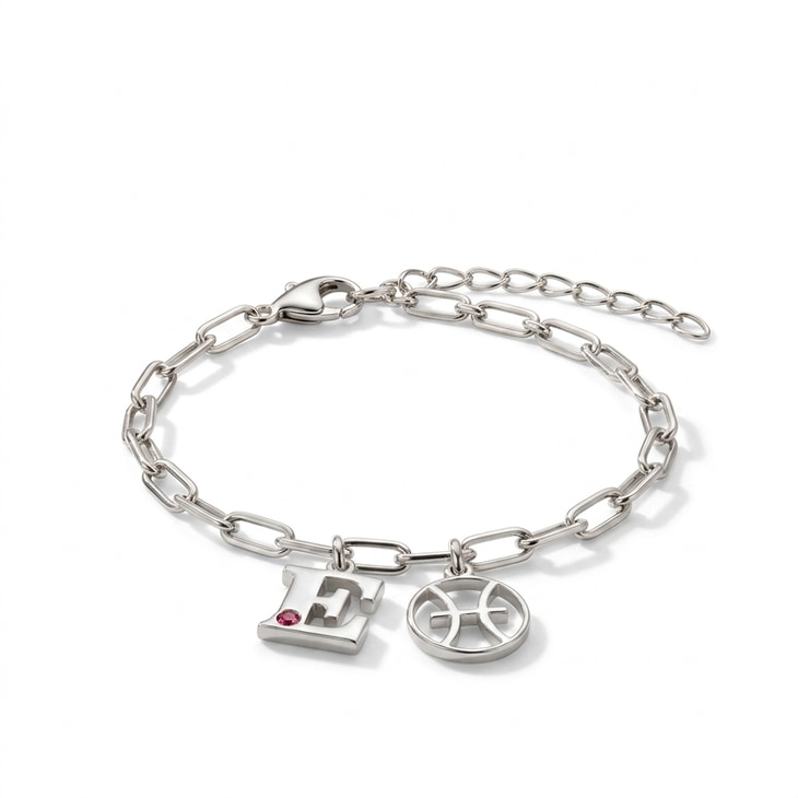 Circle Zodiac and Initial Bracelet in silver with pink birthstone charm