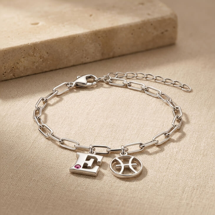Personalized Zodiac and Initial Bracelet in silver with elegant paperclip design
