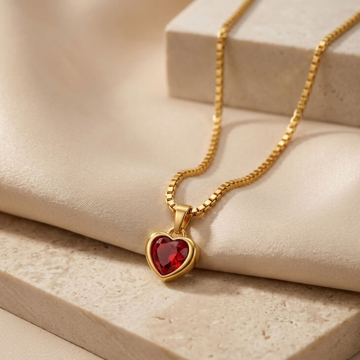 Heart gemstone necklace highlighted by a bright red heart-shaped stone on silky surface