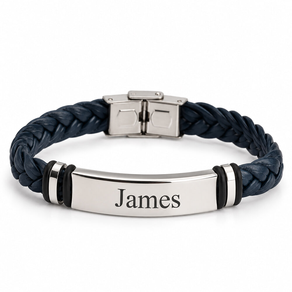 Personalized Men's Navy Blue Braided Leather Bracelet with Engraved Name - Silver