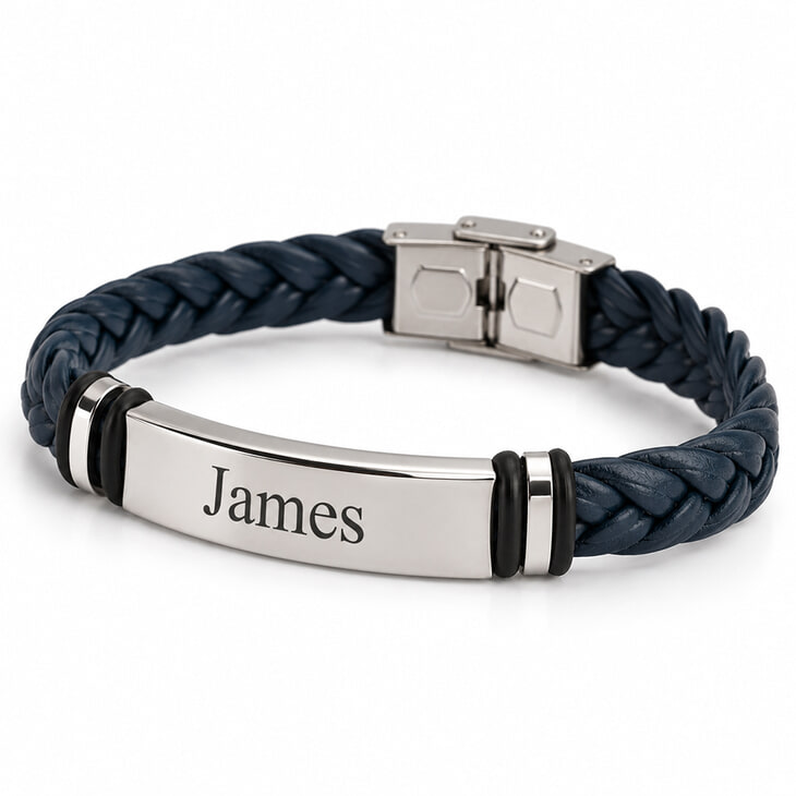 Personalized navy blue leather bracelet with silver accent and custom name
