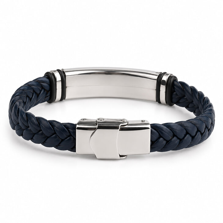 Navy blue braided leather bracelet with a stylish silver closure