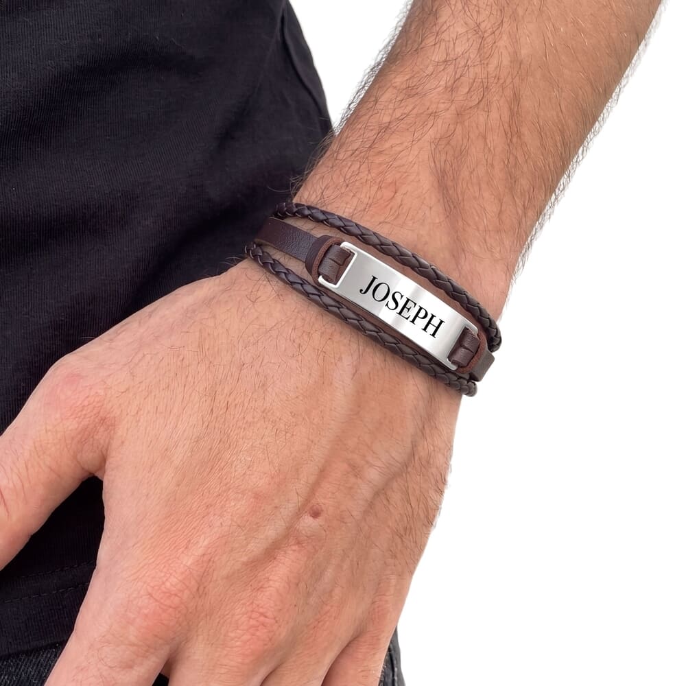 Personalized Men's Brown Leather Bracelet with Silver Plate