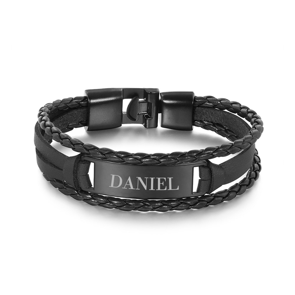Personalized All Black Men's Leather Bracelet