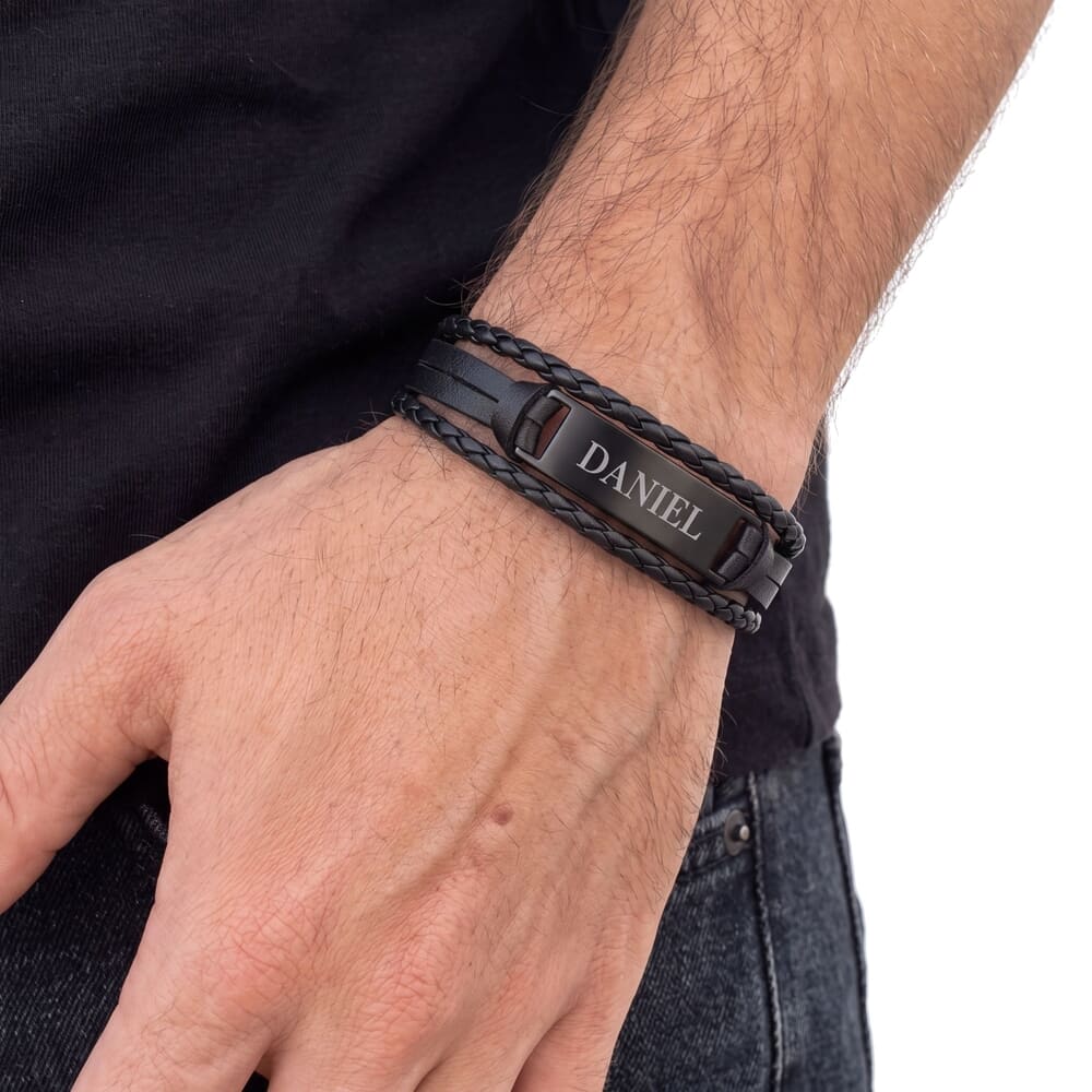 Personalized All Black Men's Leather Bracelet