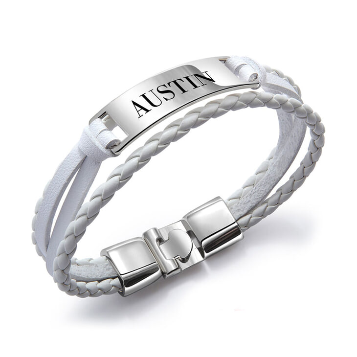 Personalized Men's White Leather Bracelet with Silver Plate