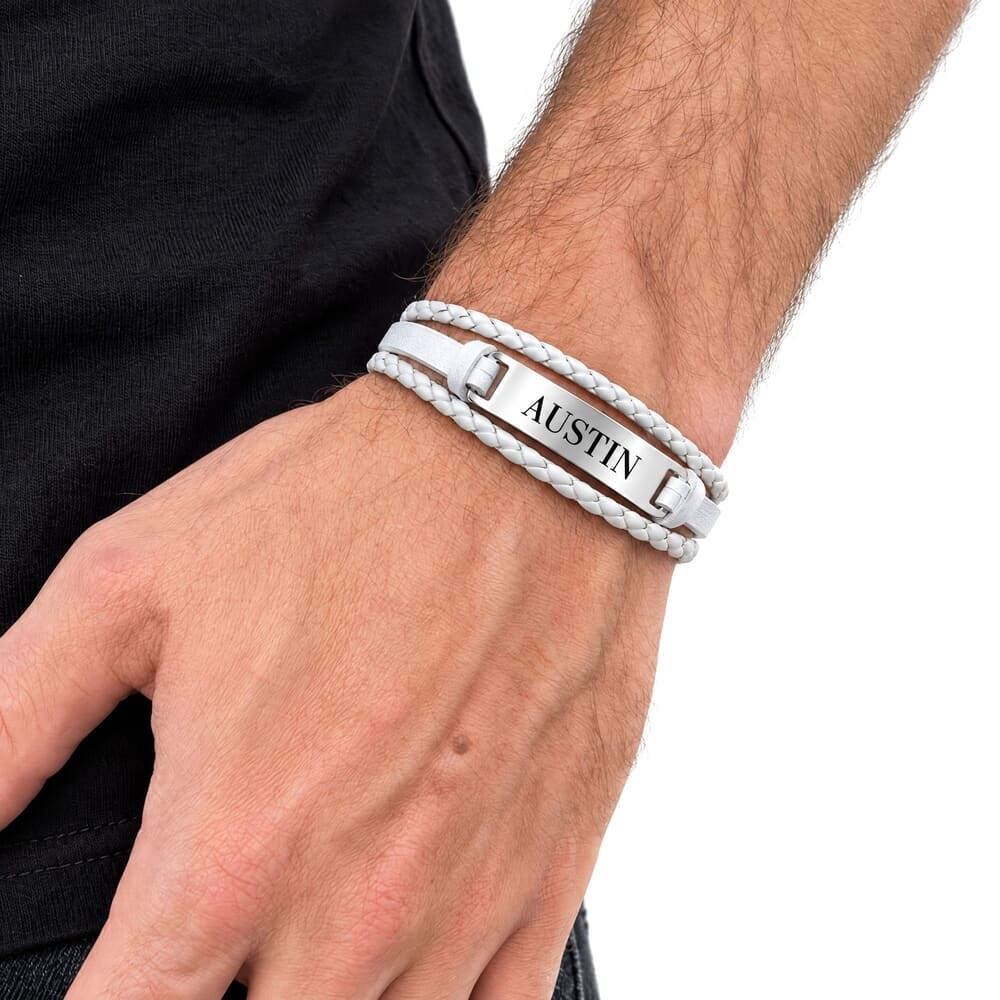 Personalized Men's White Leather Bracelet with Silver Plate